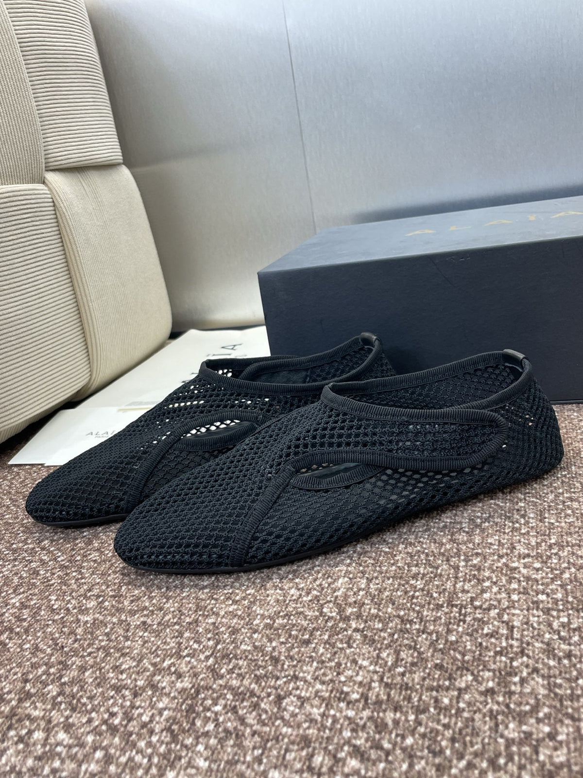 Alaia 2026 Ballet Flats Black Mesh Leather 373183