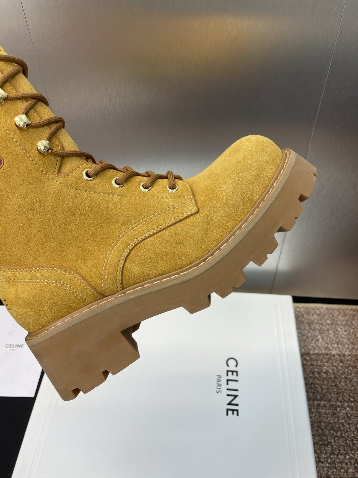 Celine 2026 Mid Calf Boots 50mm Mustard Yellow Suede 934200