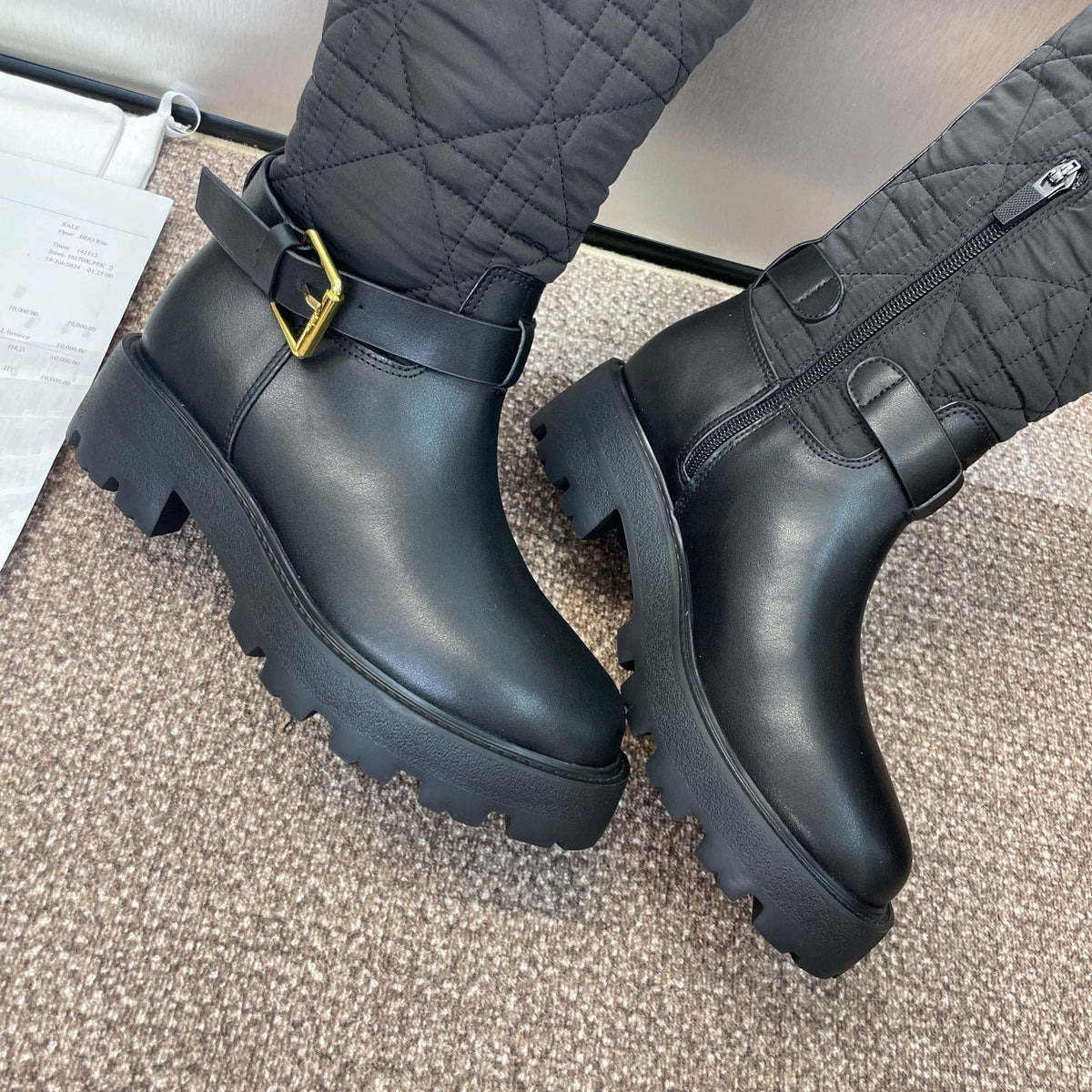 CD Ankle punk-inspired women's boots black cowhide with nylon cloth