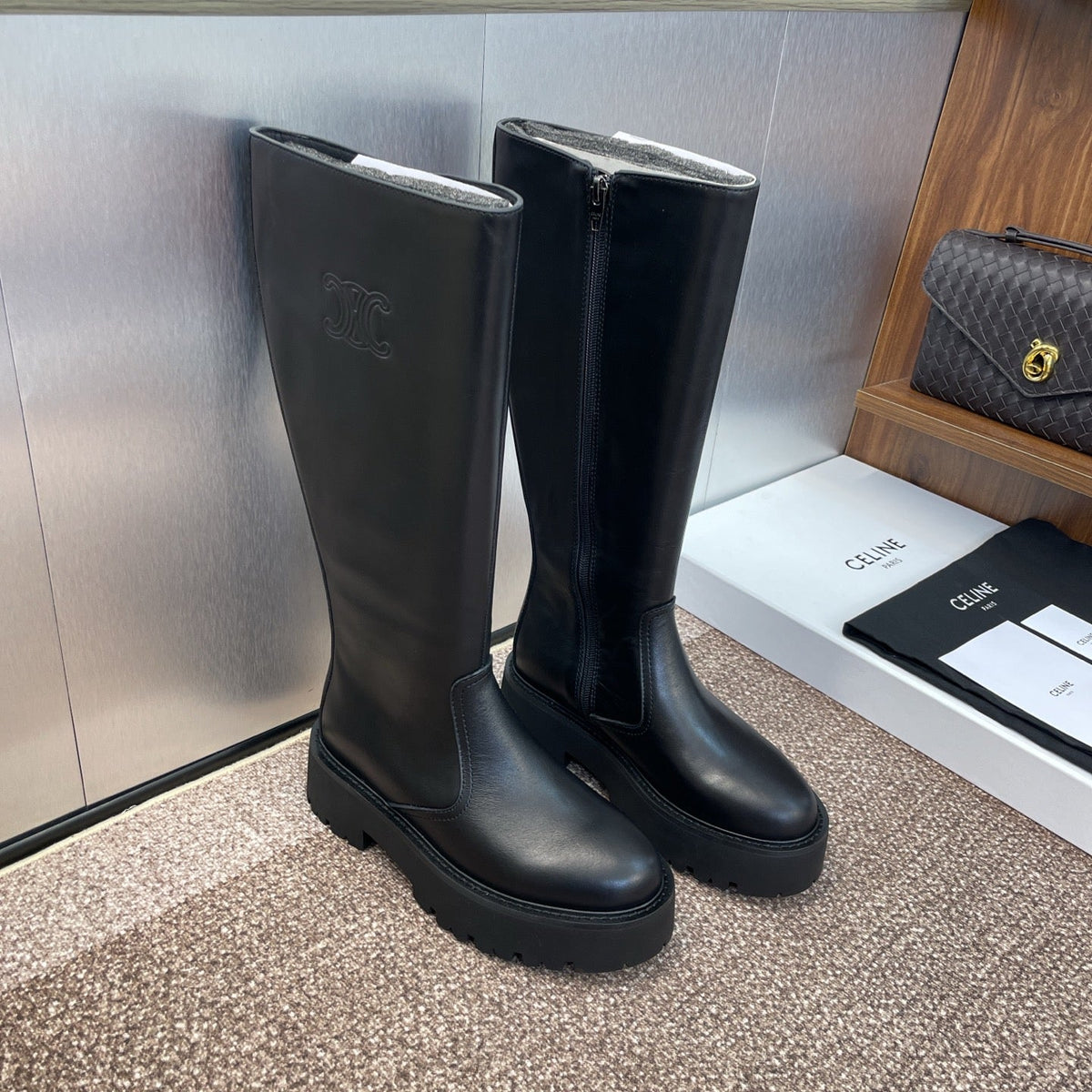 CELINE 25 high boots with locks black calfskin 433393