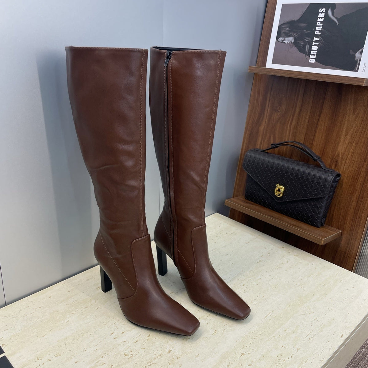 YSL 2025  Square Toe Over-the-Knee Rider Boots Brown Calfskin 574017