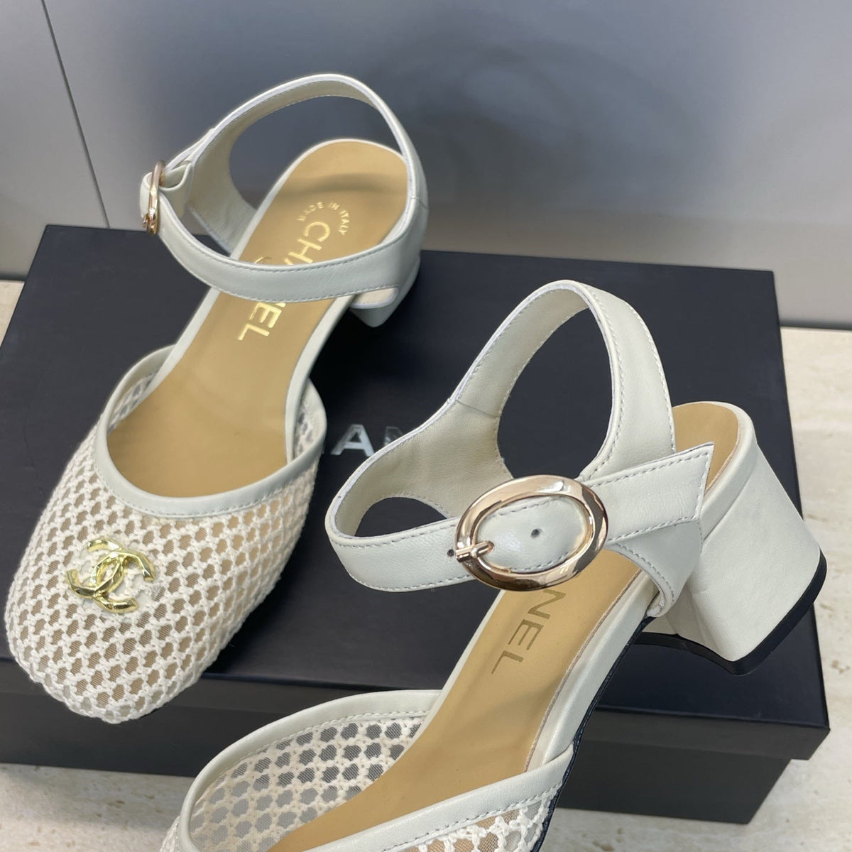 CC 26 Slingback Pump 45mm White Beige Mesh Sheepskin 607482