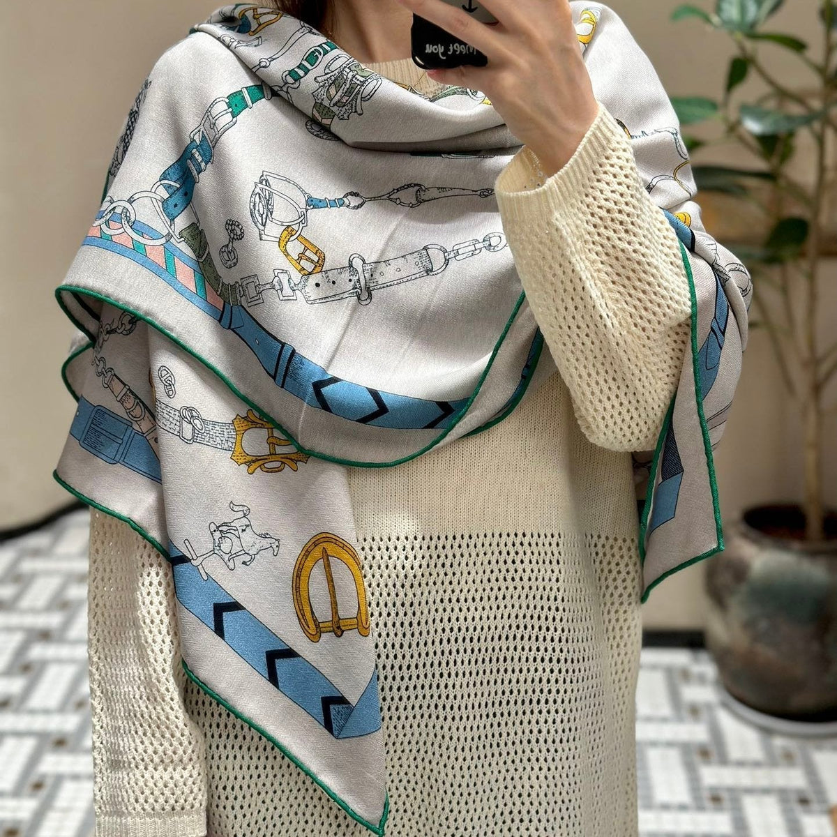 Chevaux Dechaines Shawl 135 CM IN Light Blue Colorful Cashmere Silk 373686
