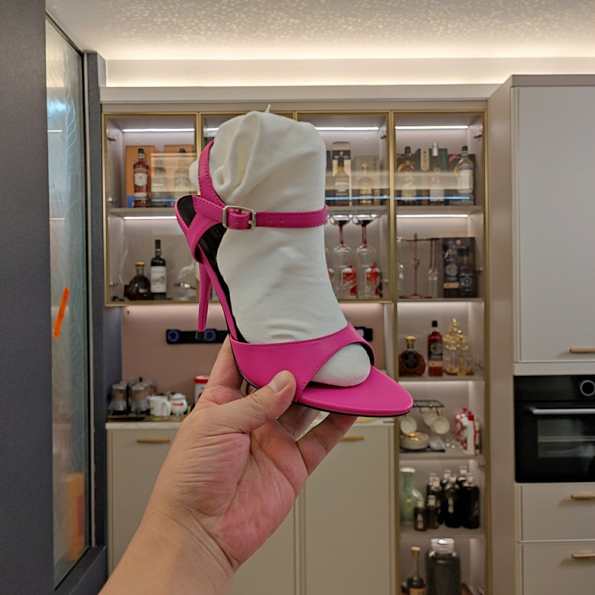 OPEN TOE STRAPPY HIGH HEEL IN PINK CALFSKIN