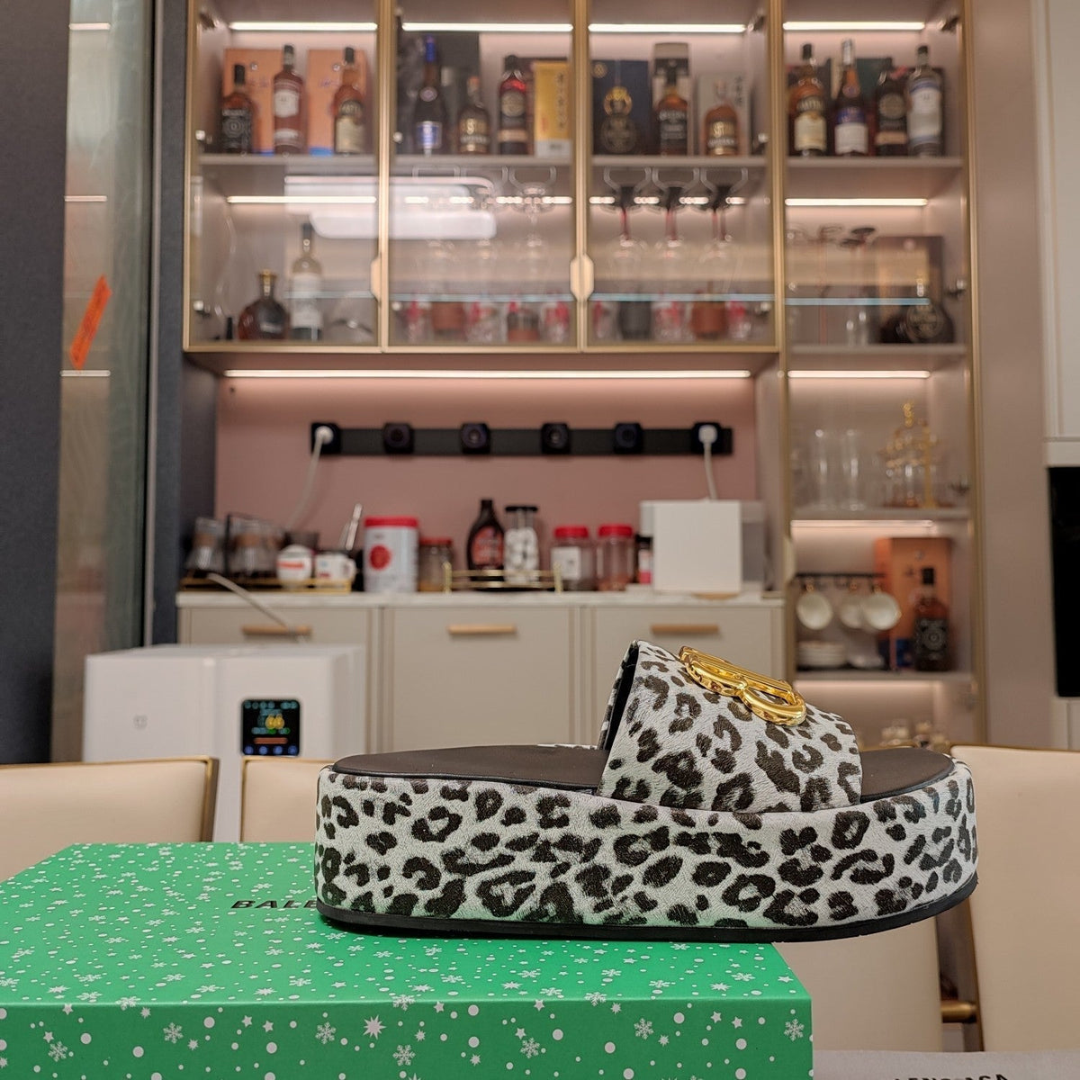 RISE SANDAL THICK-SOLED IN WHITE LEOPARD PRINT CALFSKIN