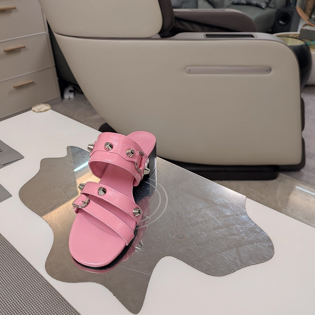 STRAPPY MEDIUM HEELED SANDALS IN WEWAK PINK STUDDED WAX-OIL SHEEPSKIN