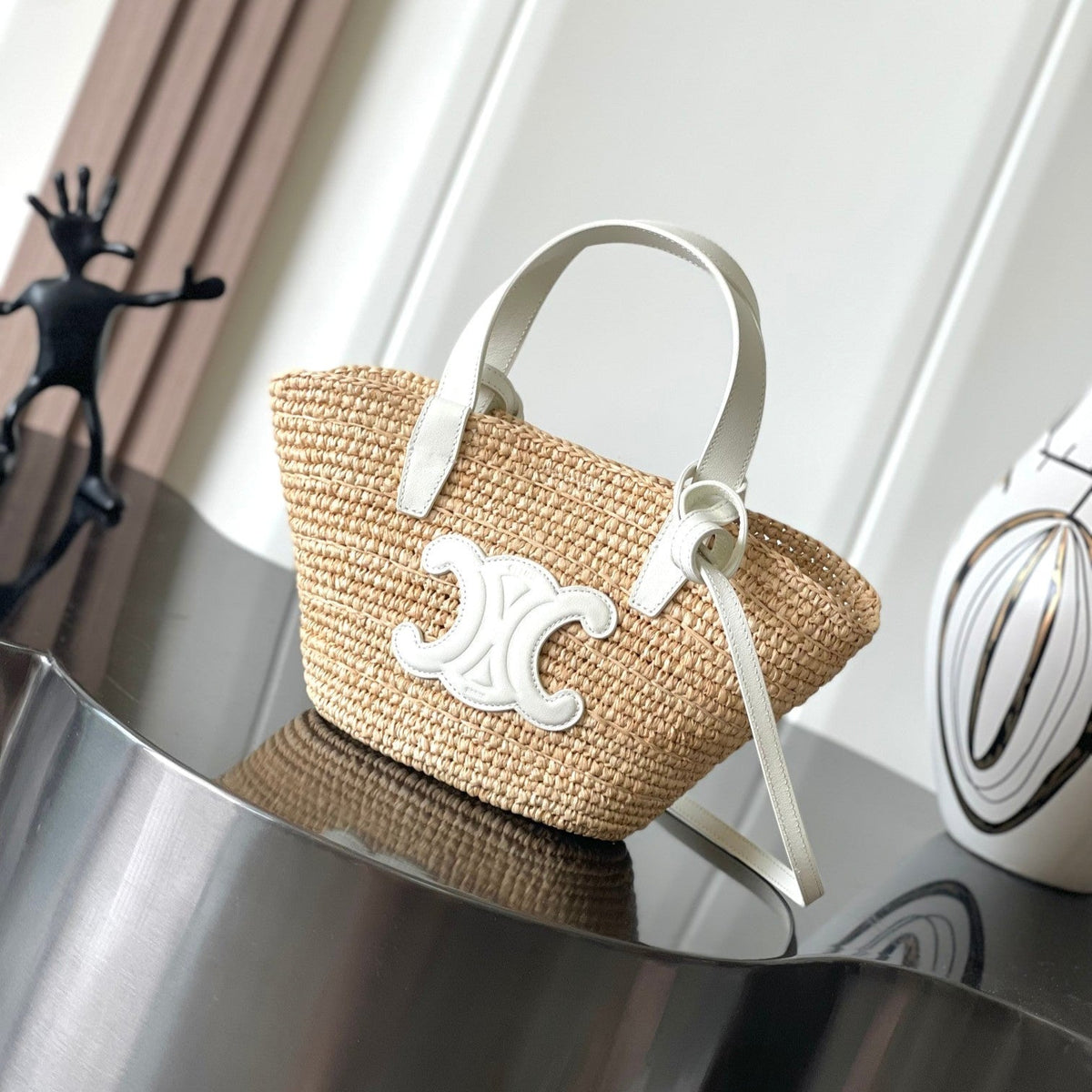Celine Nano Supple 22cm White Calfskin Beige Raffia