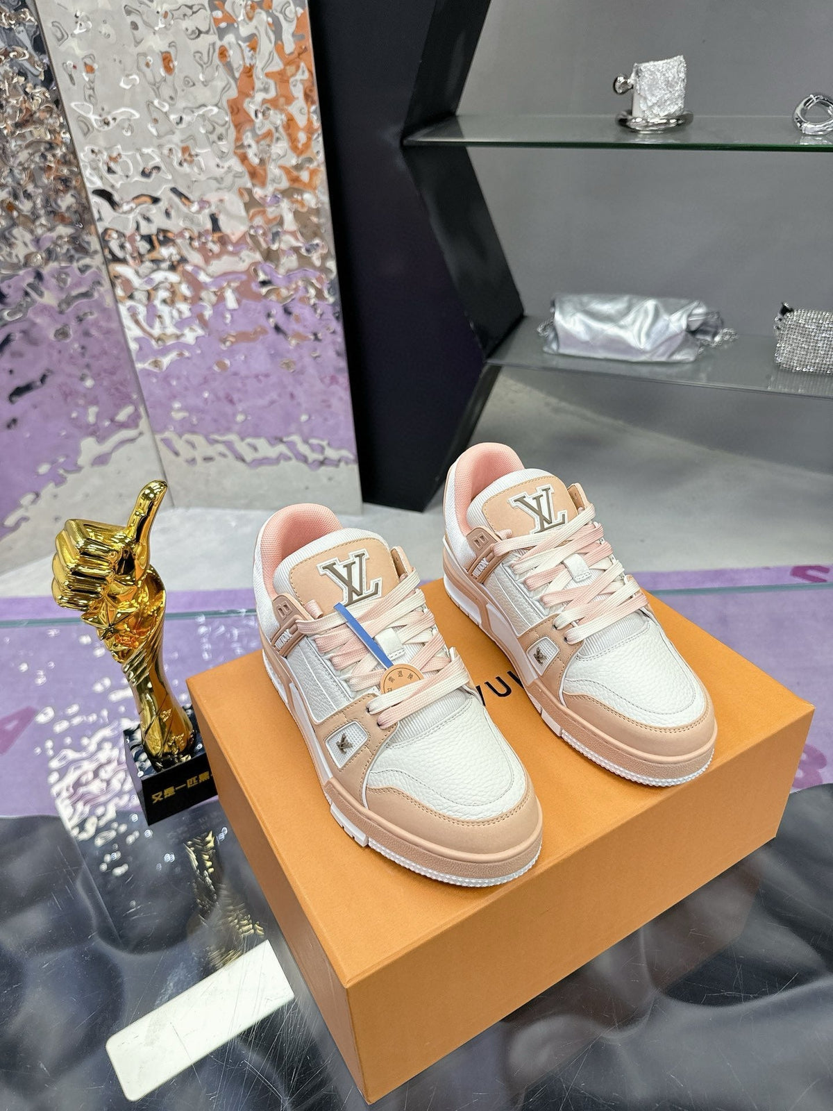 LV Trainer Sneaker White Beige Pink Cowhide