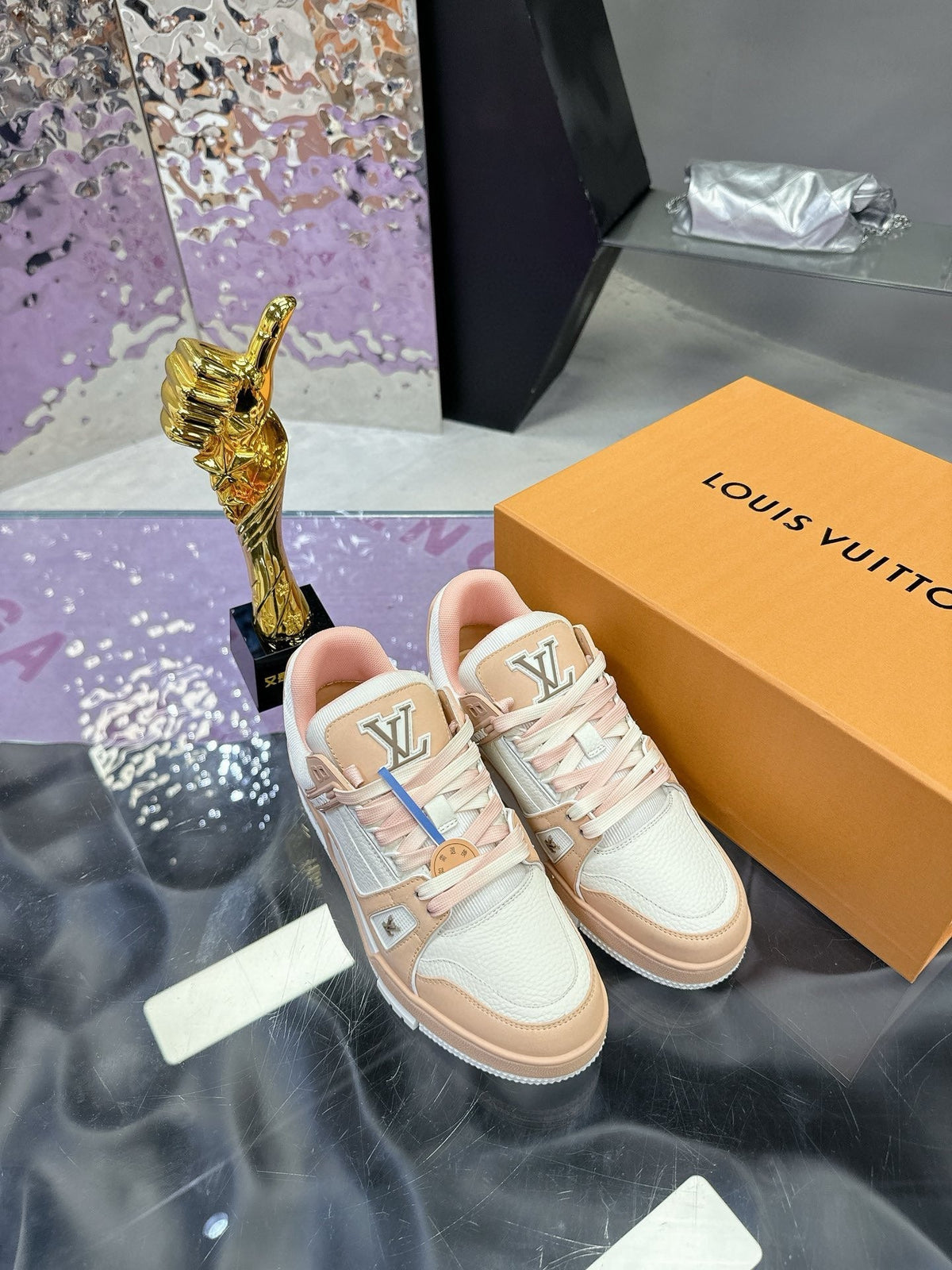 LV Trainer Sneaker White Beige Pink Cowhide