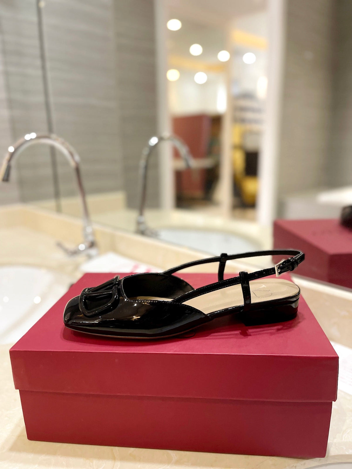 VLOGO BLACK PATENT LEATHER SLINGBACK FLATS