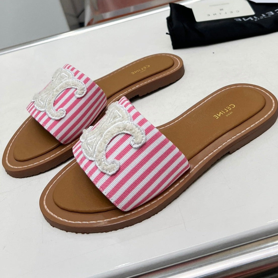 LYMPIA MULE IN TRIOMPHE JACQUARD WOOLLEN FABRIC WHITE PINK CARO