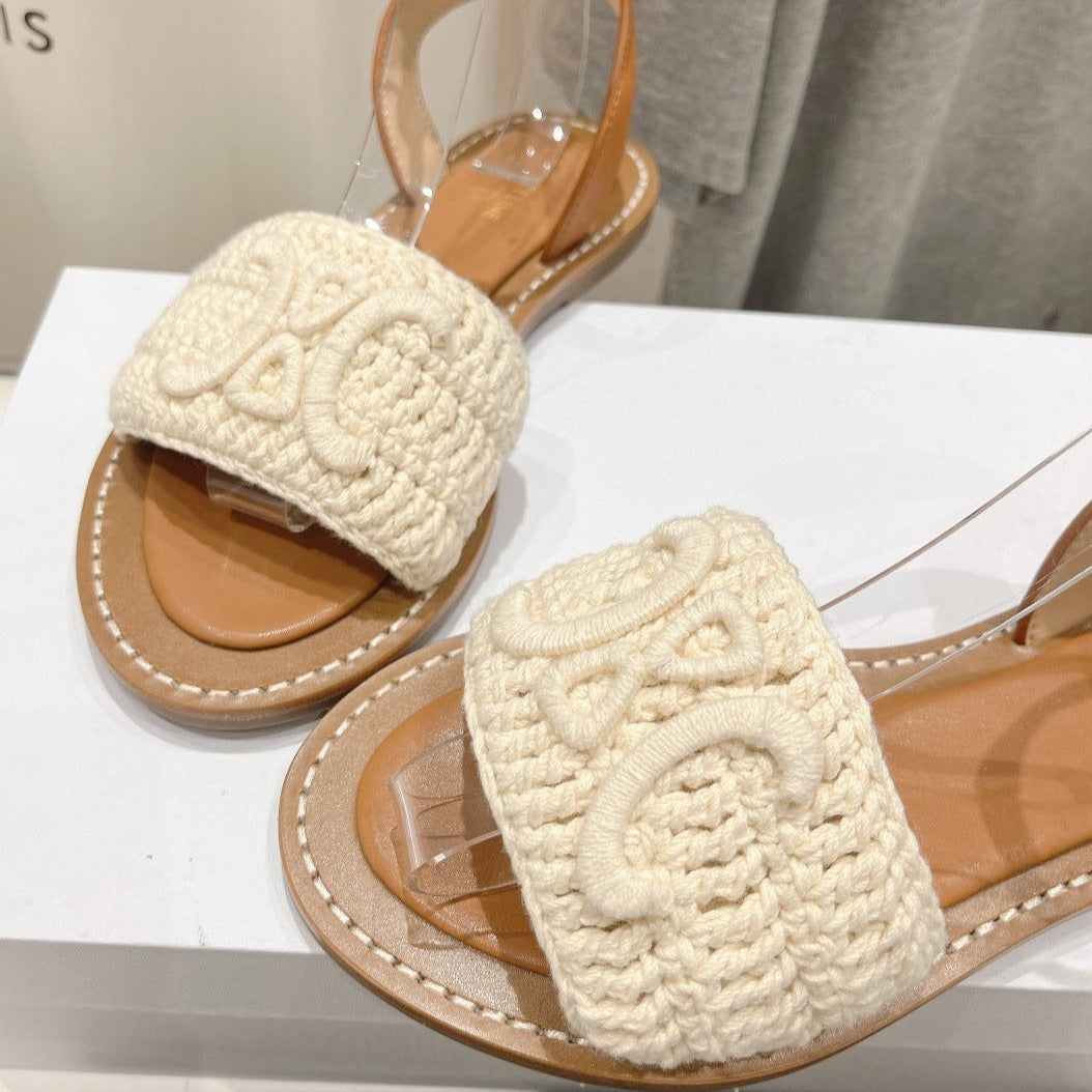 LYMPIA SANDAL IN TRIOMPHE MACCRAMÃ‰ COTTON & CALFSKIN ECRU TAN