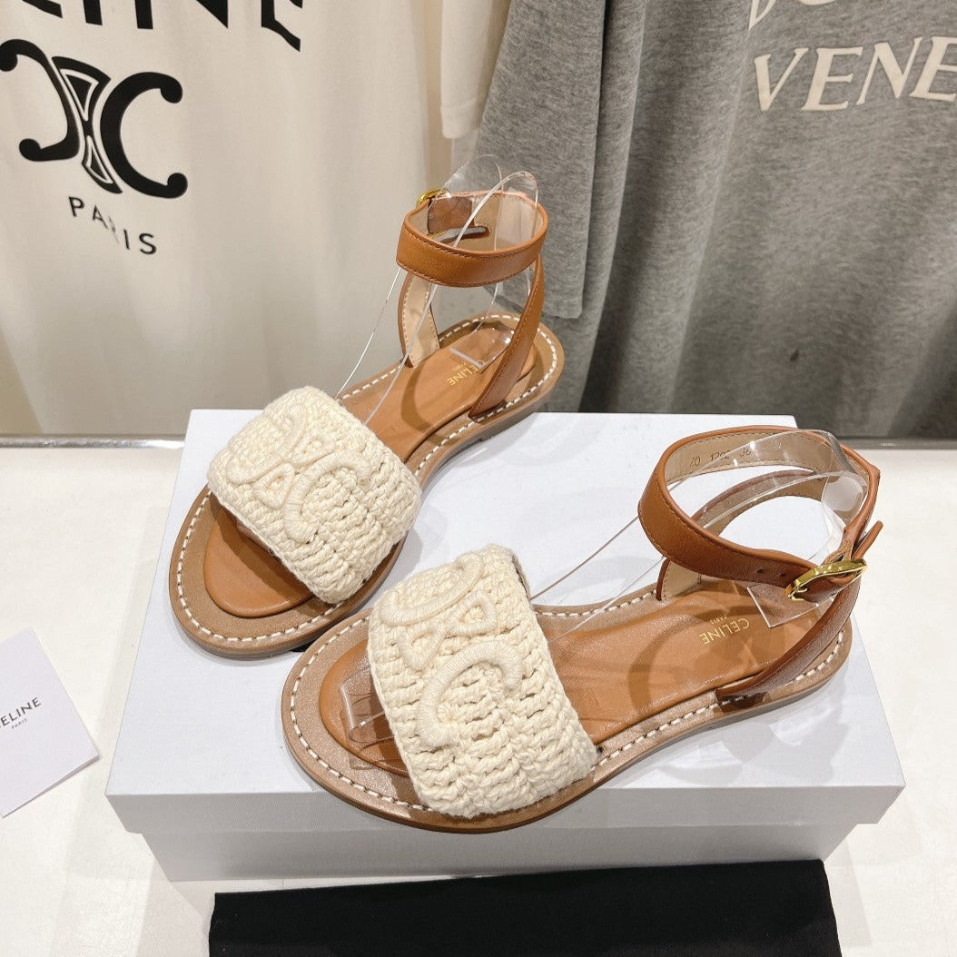 LYMPIA SANDAL IN TRIOMPHE MACCRAMÃ‰ COTTON & CALFSKIN ECRU TAN