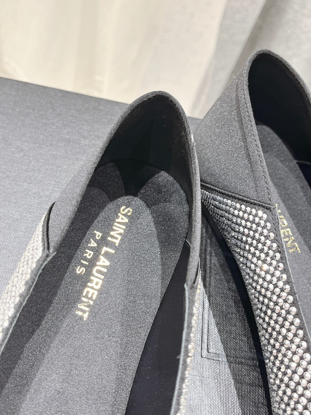 SL NOUR LEOPARD POINT TOE BALLET BLACK CRYSTAL SATIN