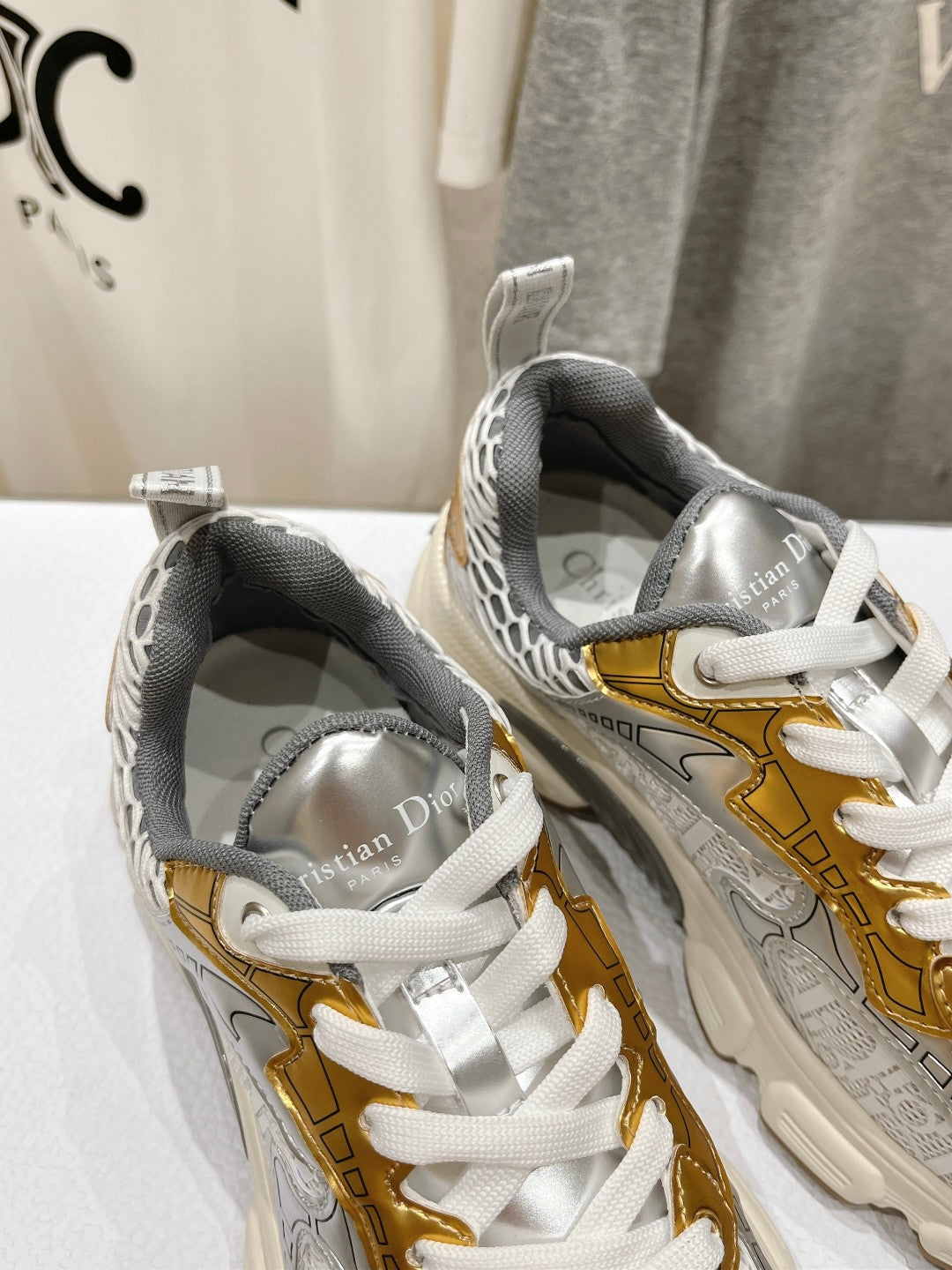 CD Vibe Sneaker White Mix Grey Gold Polyester Mesh Fabric And Cowhide