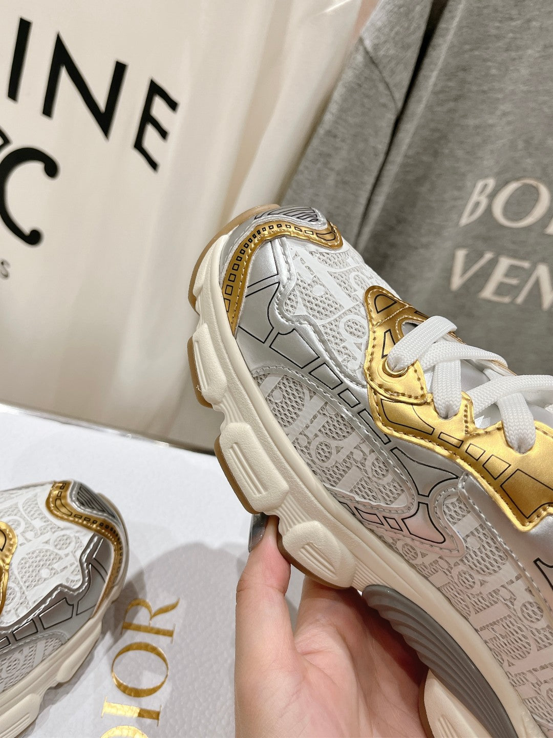 CD Vibe Sneaker White Mix Grey Gold Polyester Mesh Fabric And Cowhide