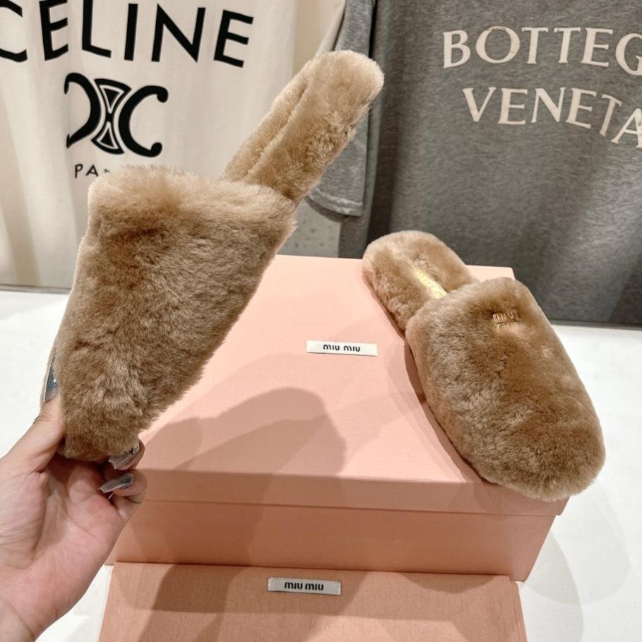 Miu Slippers Light Brown Soft Imported Wool And Fur
