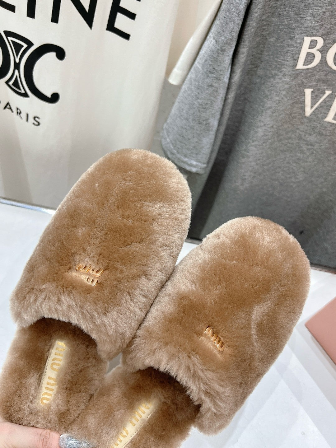 Miu Slippers Light Brown Soft Imported Wool And Fur