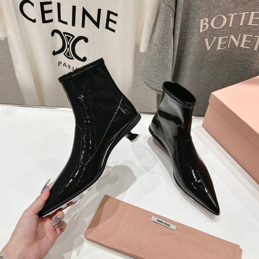 Miu Ankle Boots Pointed Toe Glossy Black Lambskin
