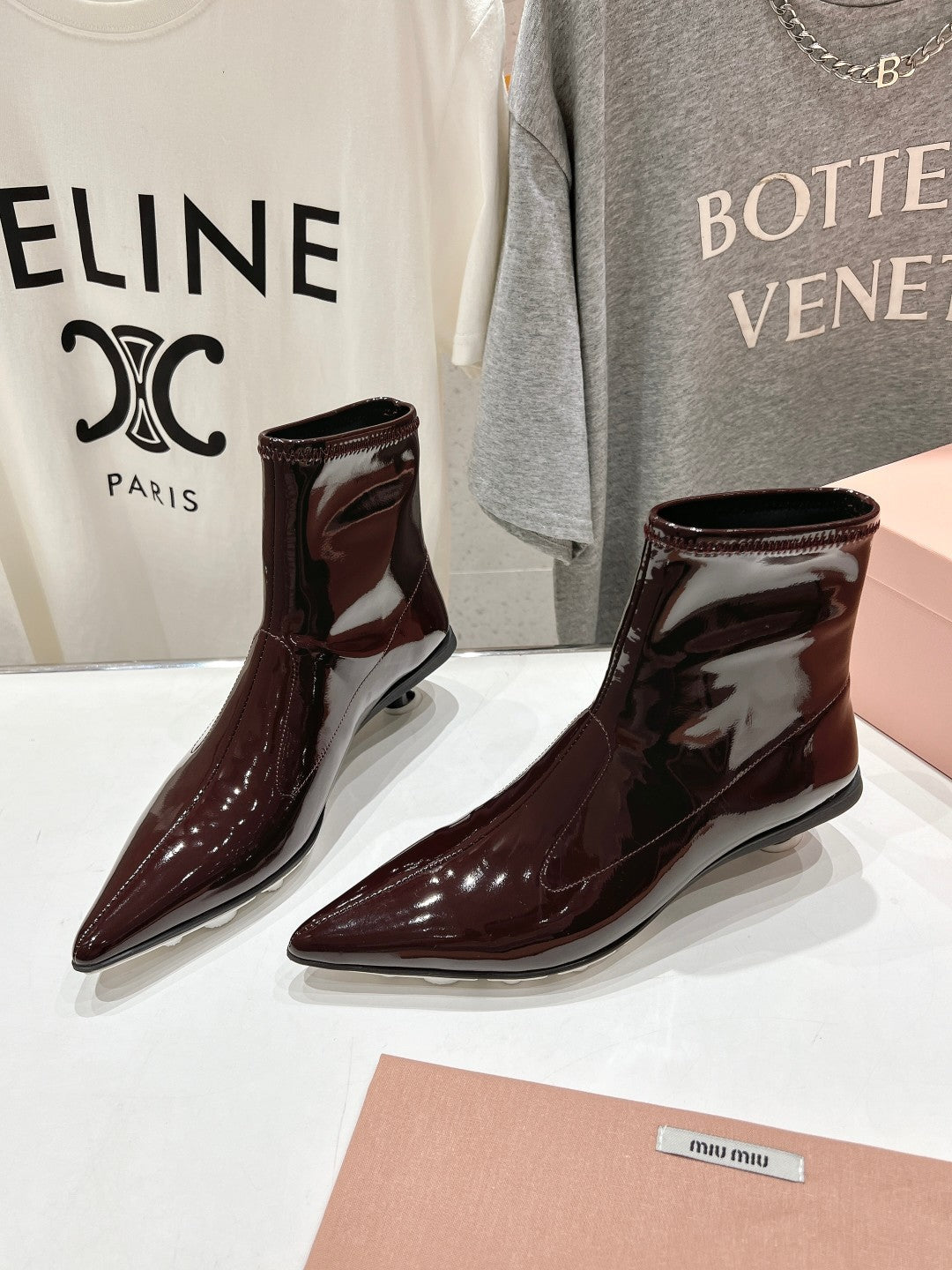 Miu Ankle Boots Pointed Toe Red Brown Lambskin