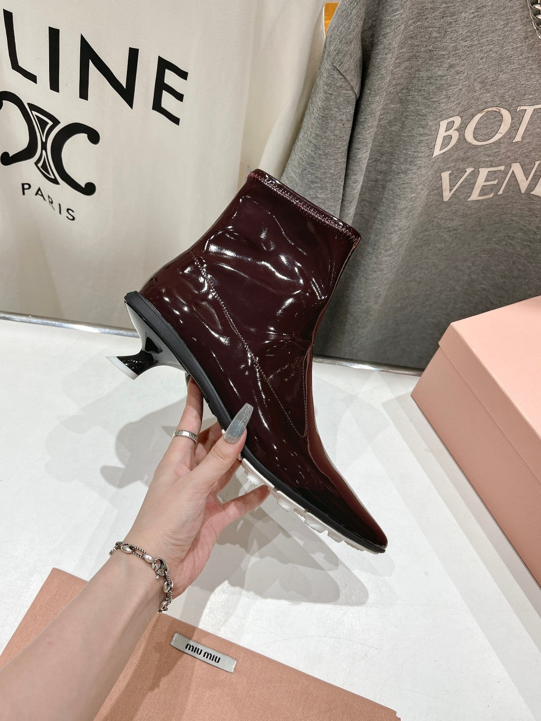 Miu Ankle Boots Pointed Toe Red Brown Lambskin