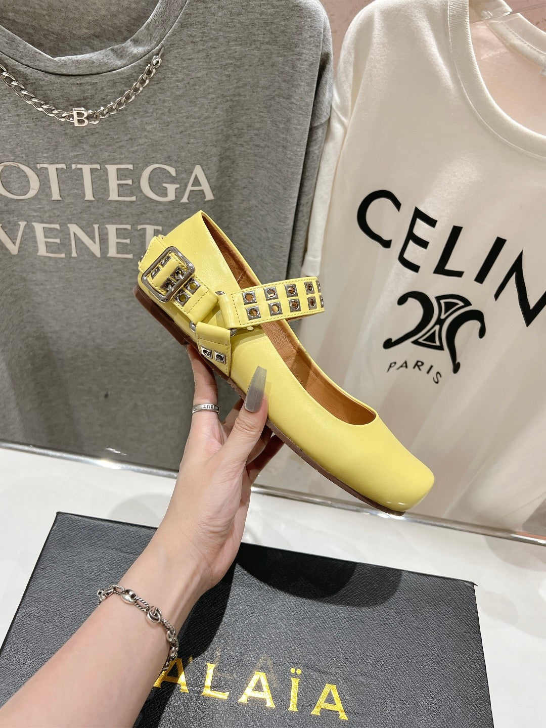 Alaila Biker Ballet Flats In Light Yellow Cowhide 911436