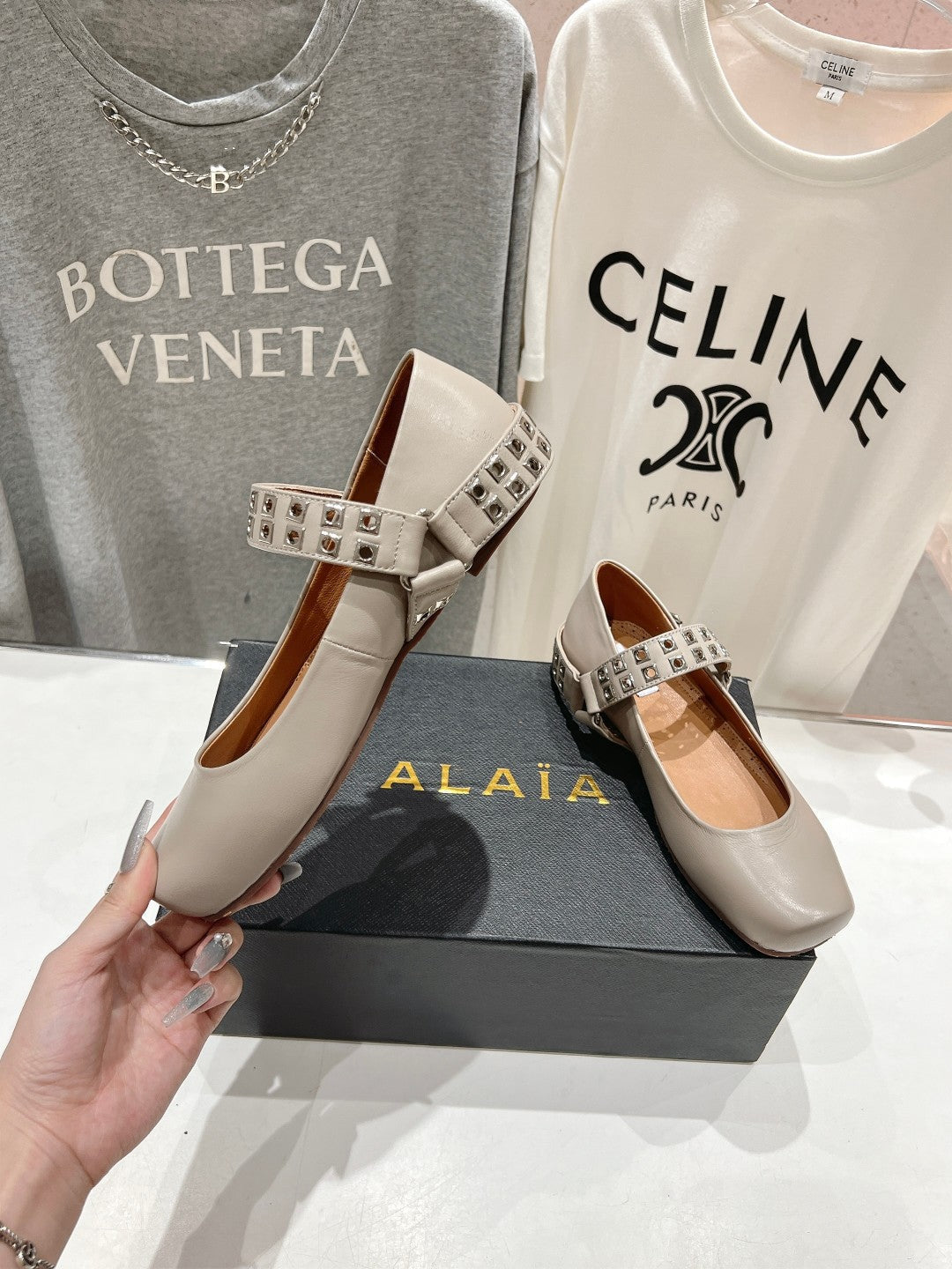 Alaila Biker Ballet Flats In Light Grey Cowhide 911442