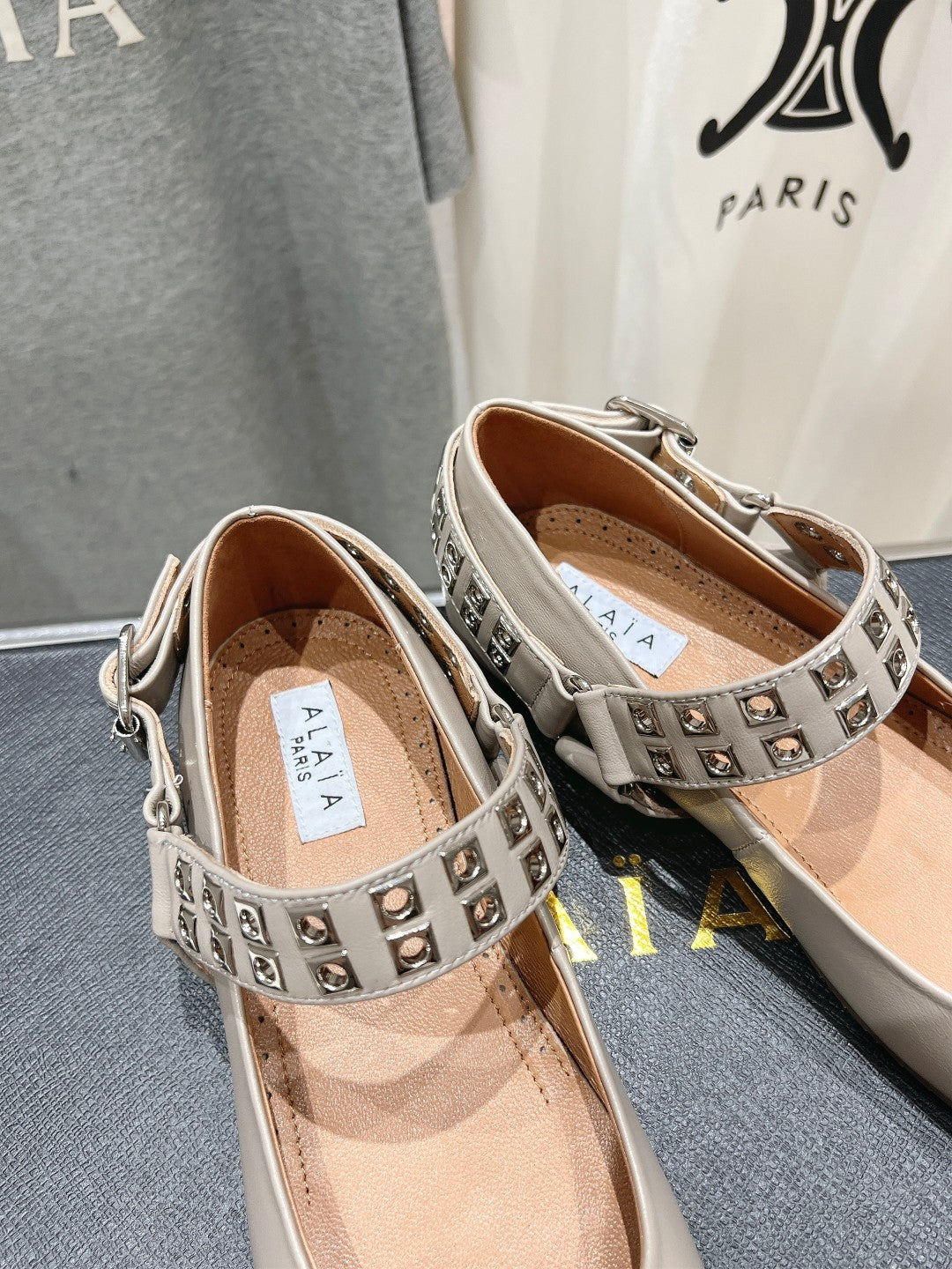 Alaila Biker Ballet Flats In Light Grey Cowhide 911442