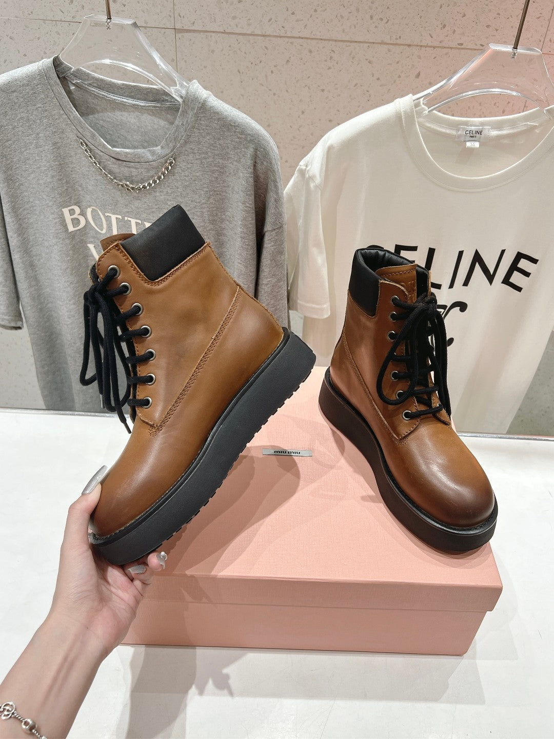 Miu Lace-Up Boots Vintage Brown Waxed Calfskin