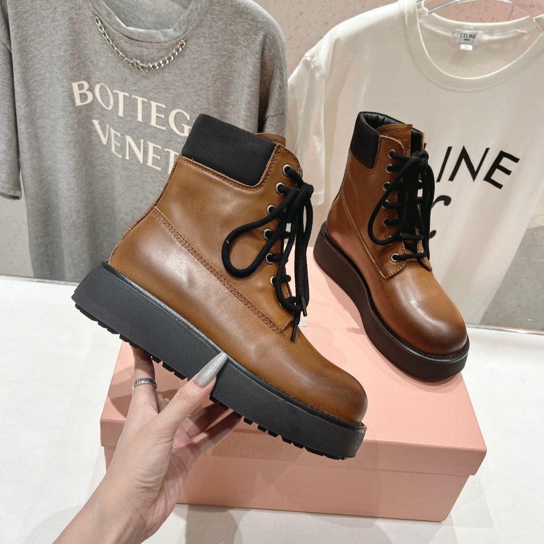 Miu Lace-Up Boots Vintage Brown Waxed Calfskin