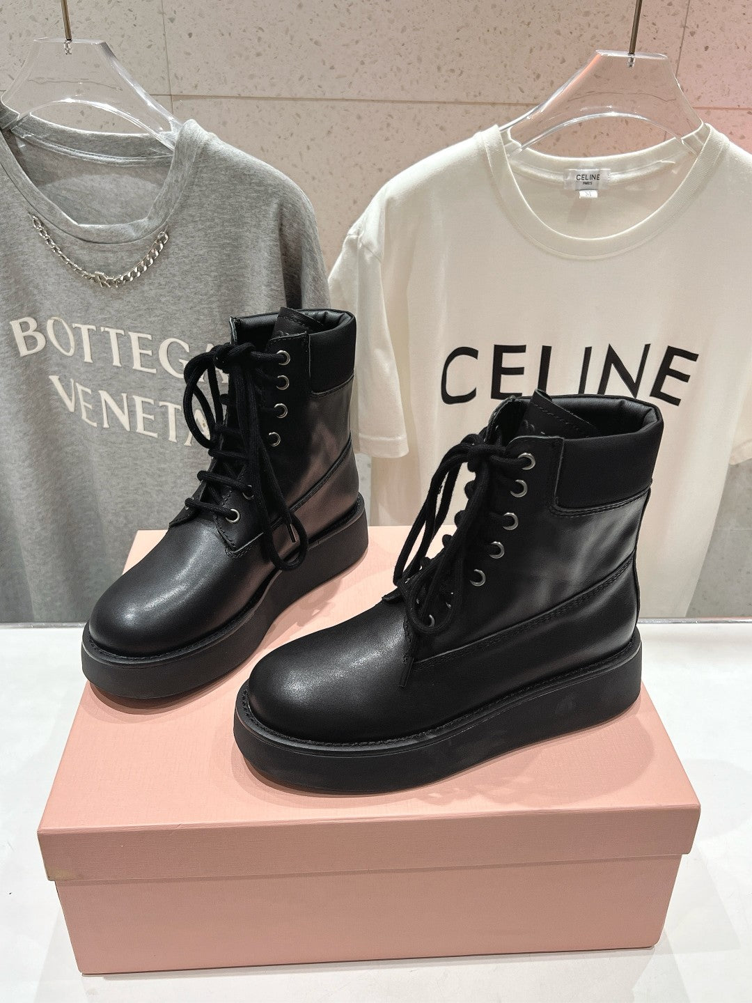 Miu Lace-Up Boots Black Waxed Calfskin