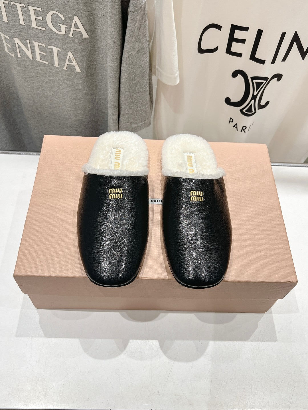 Miu Slippers Glossy Black Imported Sheepskin