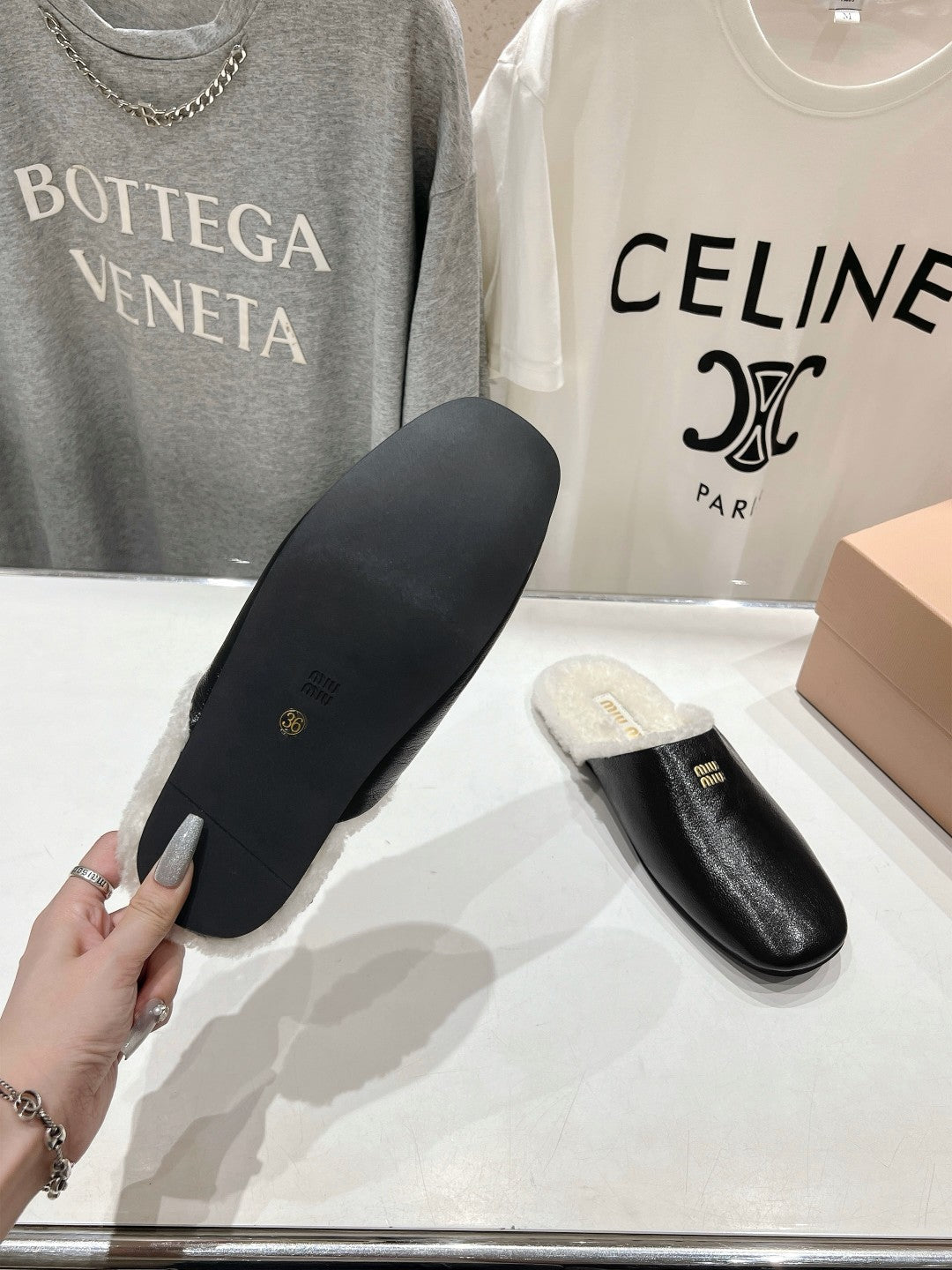 Miu Slippers Glossy Black Imported Sheepskin