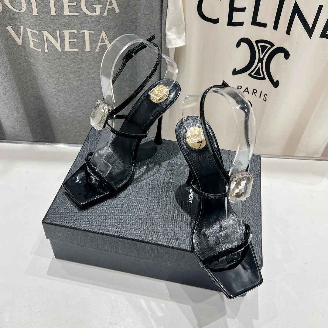 HIGH HEEL SANDALS IN BLACK GLOSSY CALFSKIN WTH STRAPS ATTACHED GEM