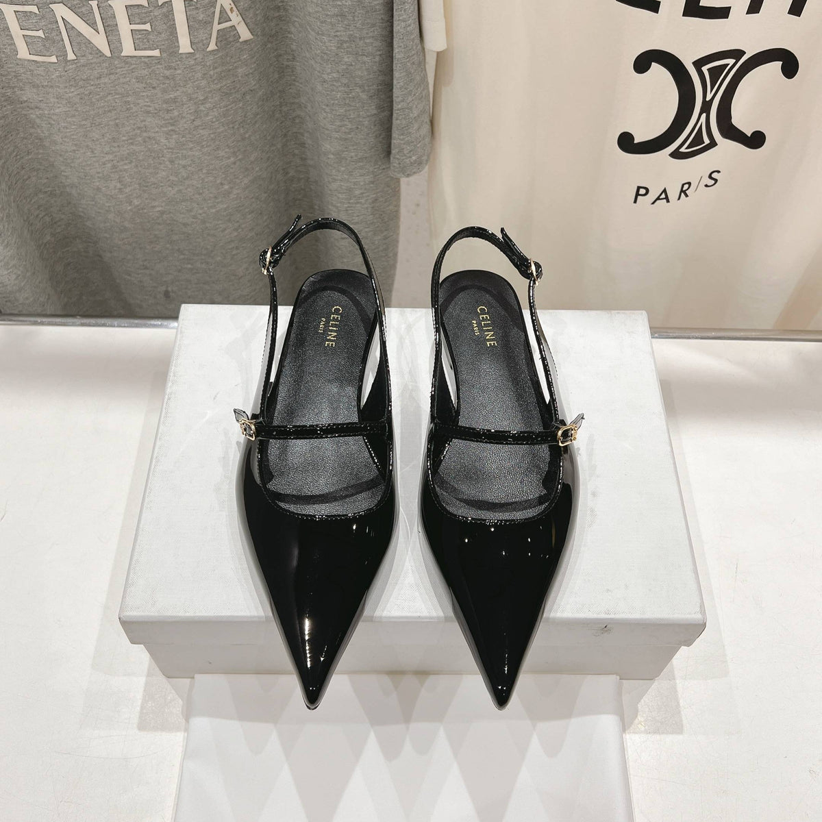 CELINE 25C Slingback Flat Black Patent Leather 236747