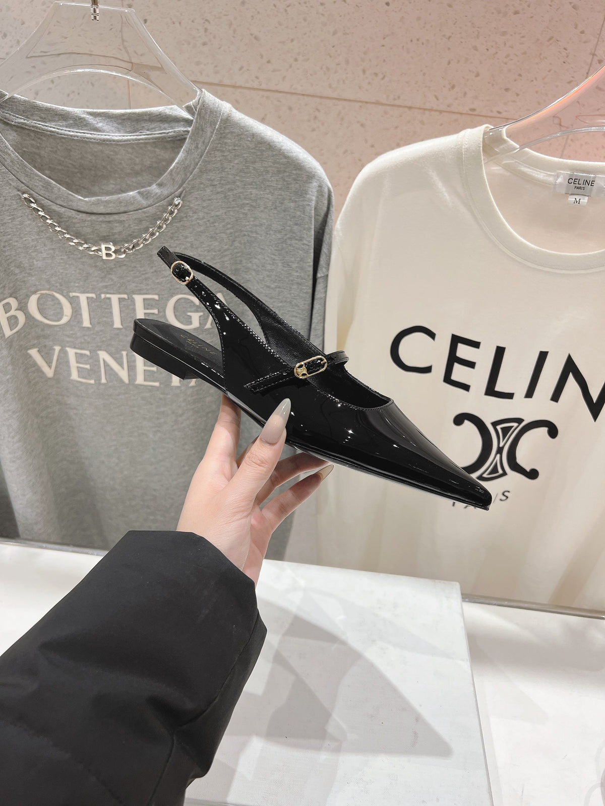 CELINE 25C Slingback Flat Black Patent Leather 236747