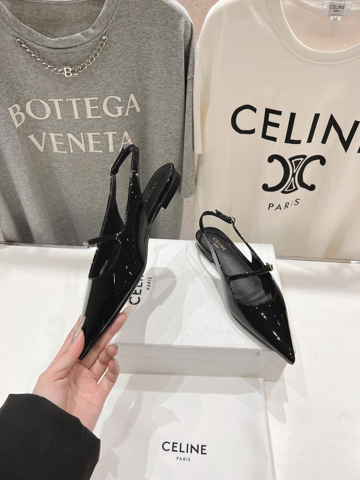 CELINE 25C Slingback Flat Black Patent Leather 236747