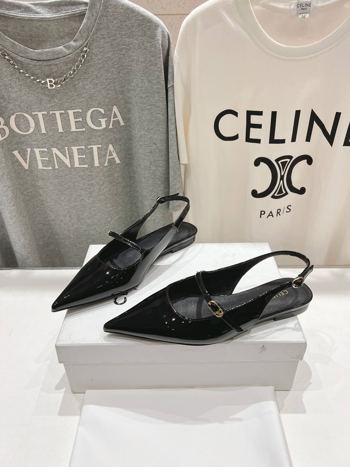 CELINE 25C Slingback Flat Black Patent Leather 236747