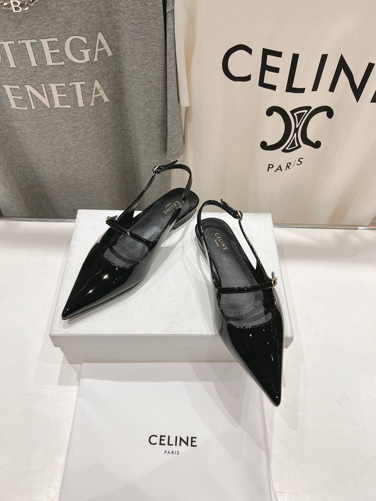 CELINE 25C Slingback Flat Black Patent Leather 236747