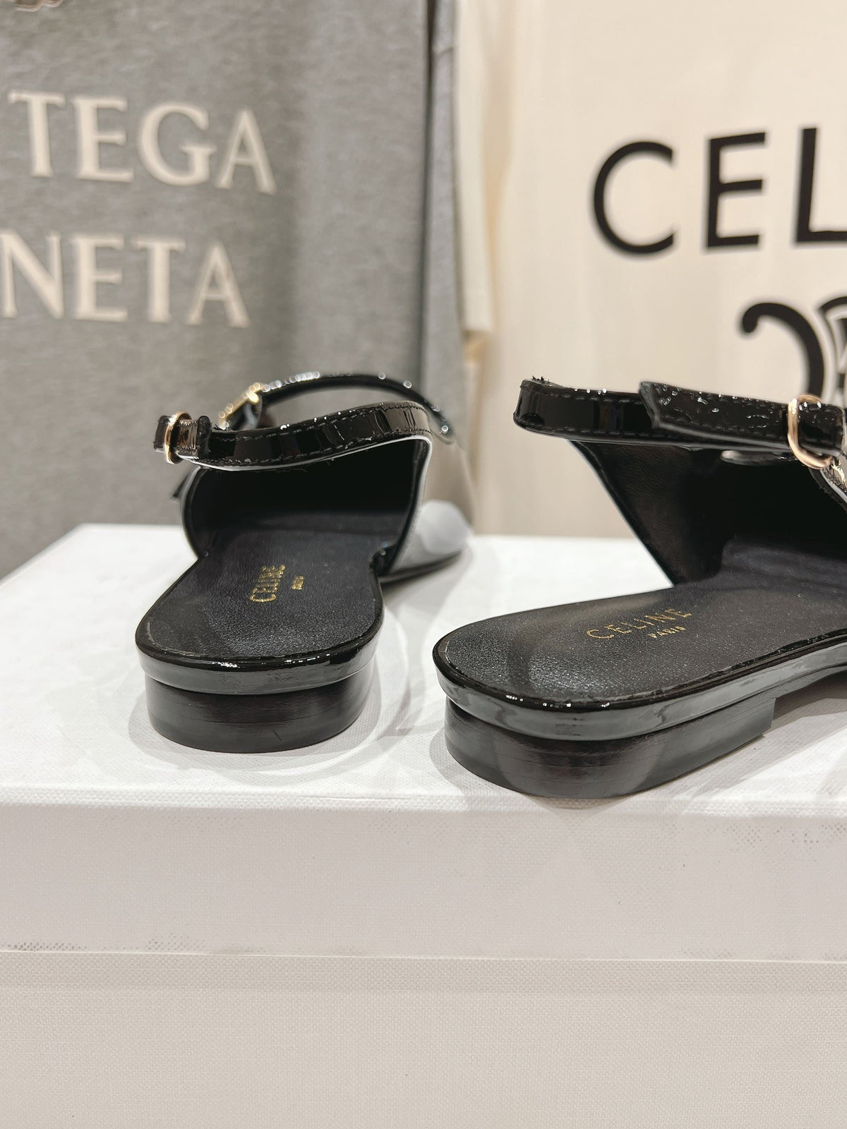 CELINE 25C Slingback Flat Black Patent Leather 236747
