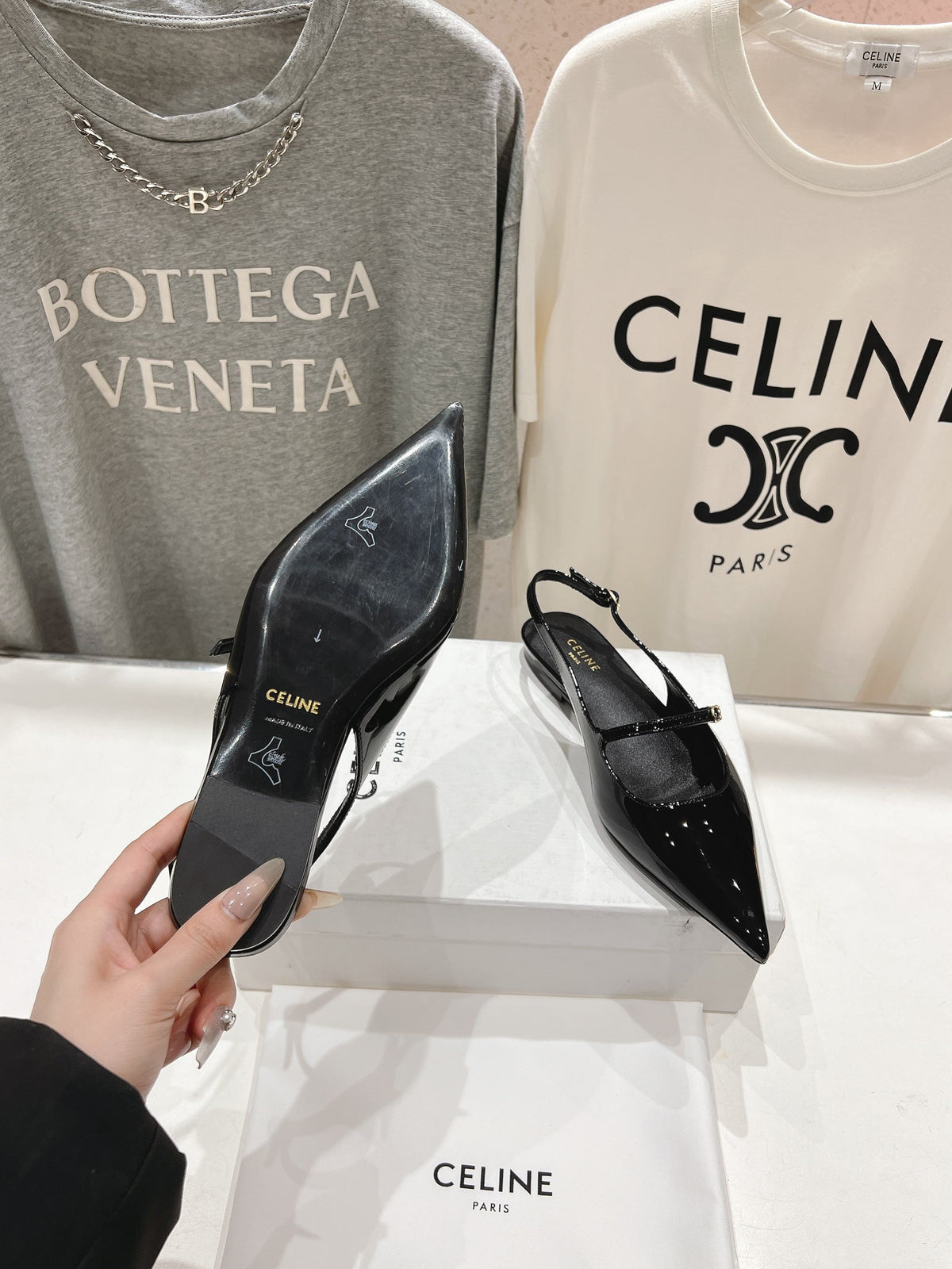 CELINE 25C Slingback Flat Black Patent Leather 236747