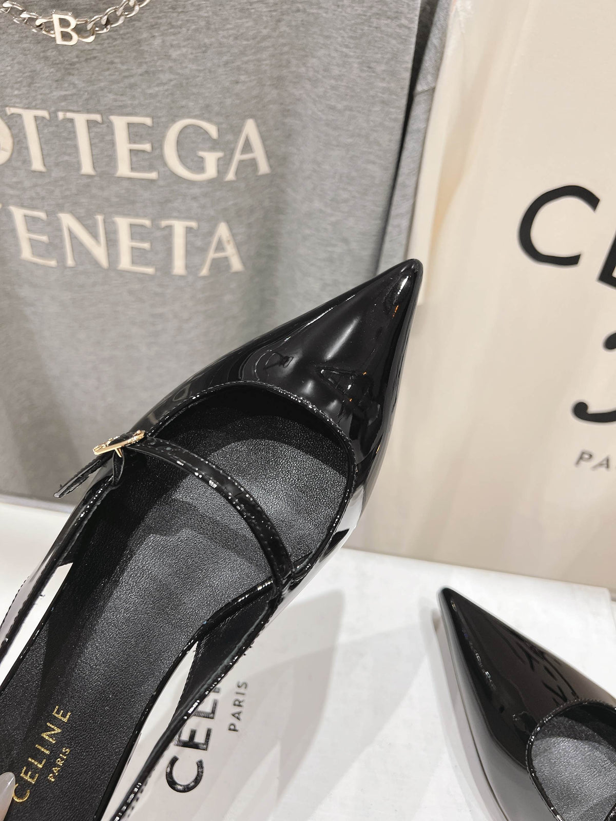 CELINE 25C Slingback Flat Black Patent Leather 236747