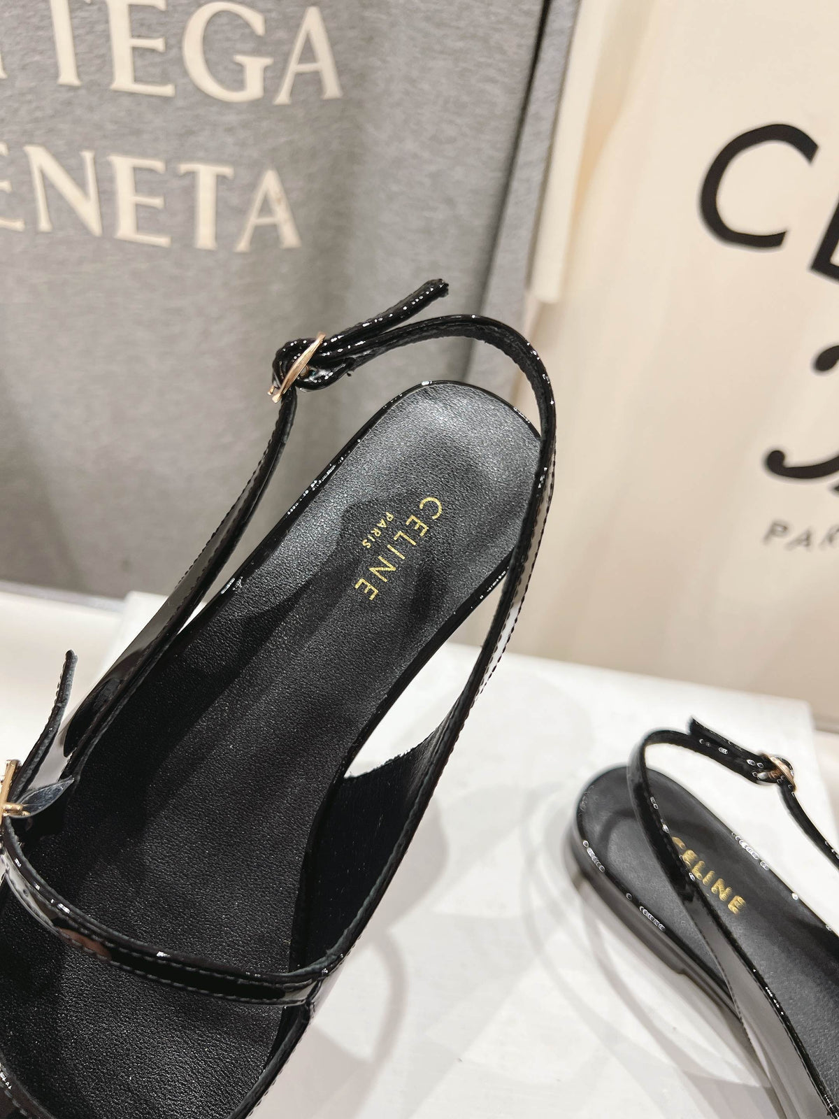CELINE 25C Slingback Flat Black Patent Leather 236747
