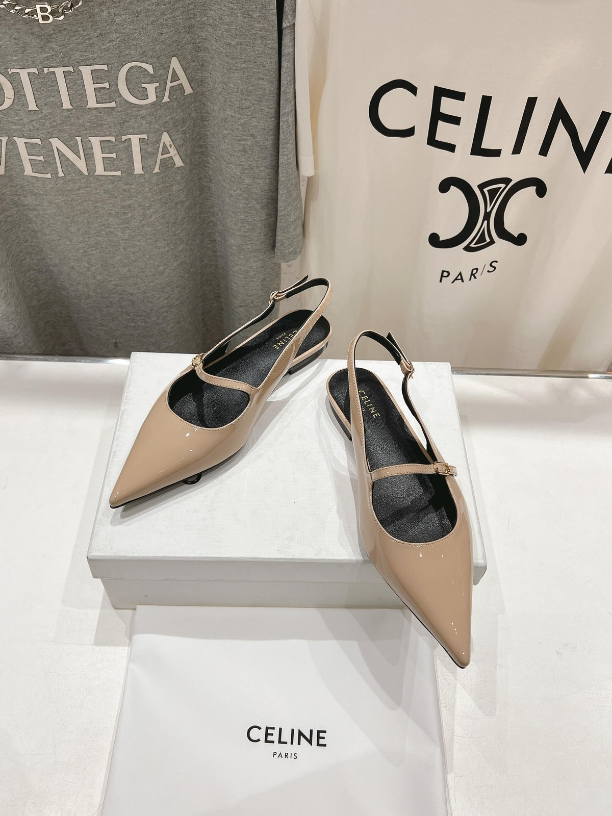 CELINE 25C Slingback Flat Nude Patent Leather 236748