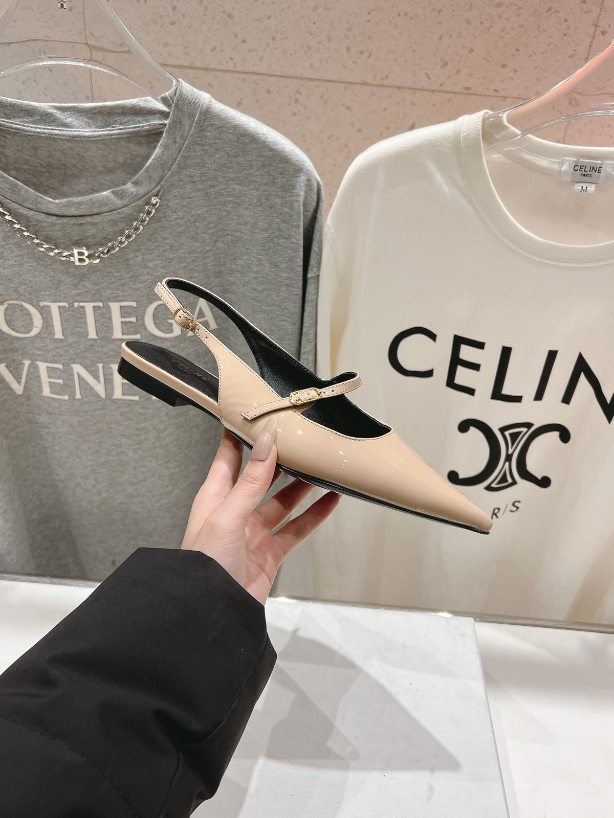 CELINE 25C Slingback Flat Nude Patent Leather 236748