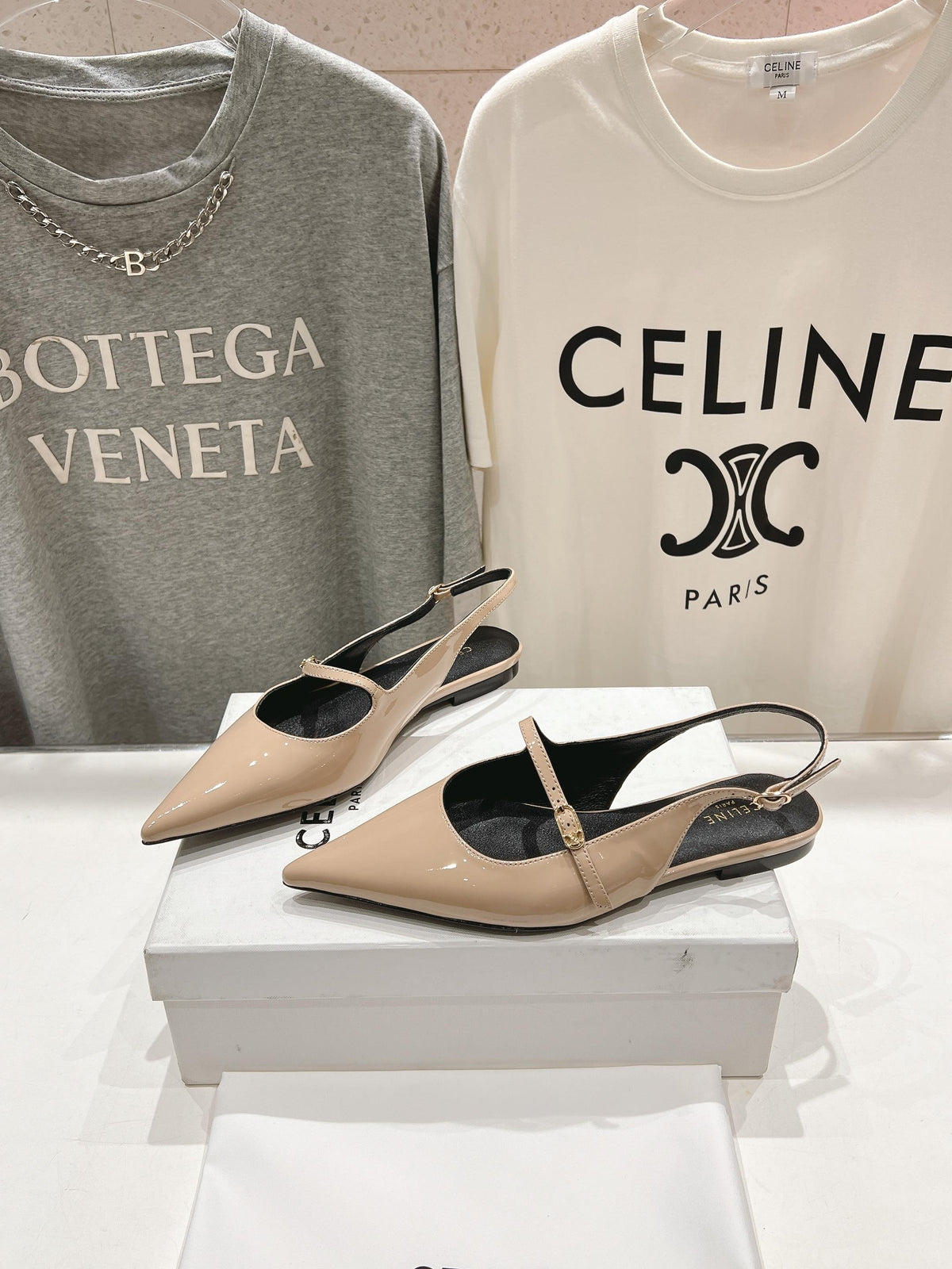 CELINE 25C Slingback Flat Nude Patent Leather 236748