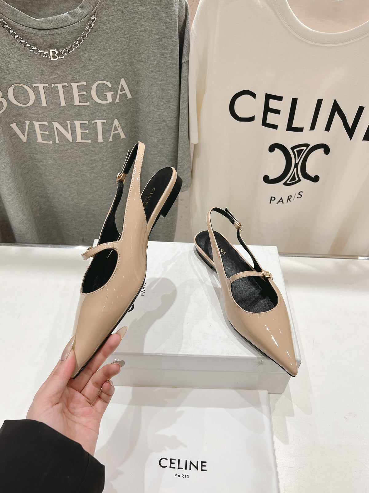 CELINE 25C Slingback Flat Nude Patent Leather 236748