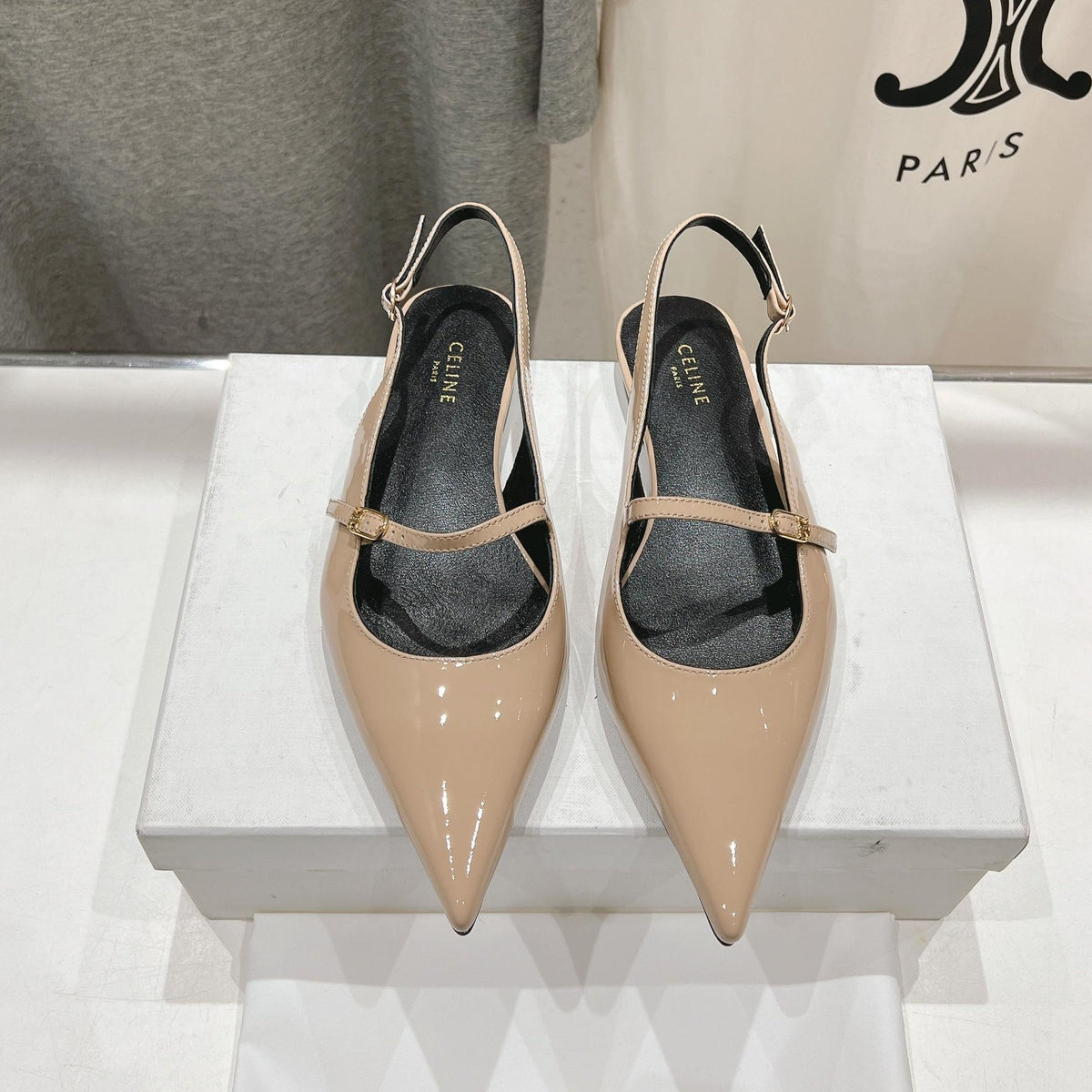 CELINE 25C Slingback Flat Nude Patent Leather 236748