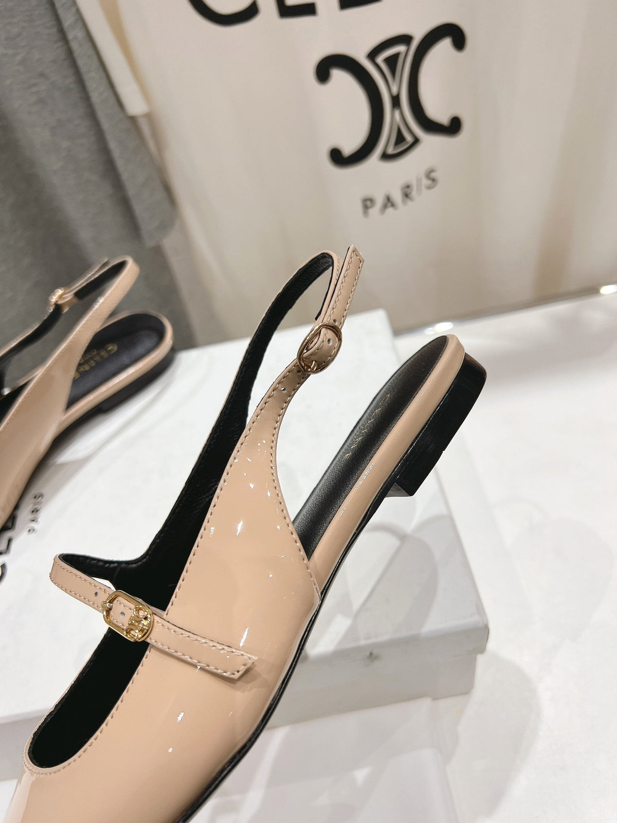 CELINE 25C Slingback Flat Nude Patent Leather 236748