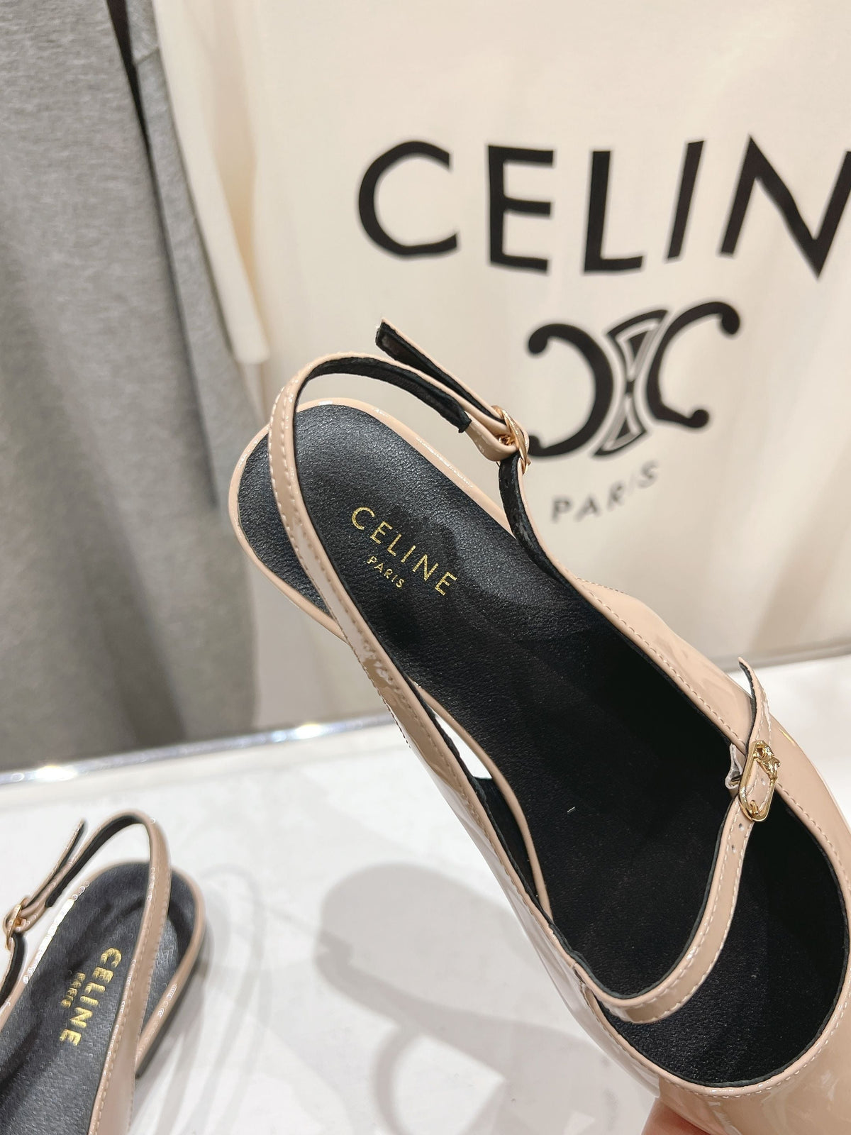CELINE 25C Slingback Flat Nude Patent Leather 236748